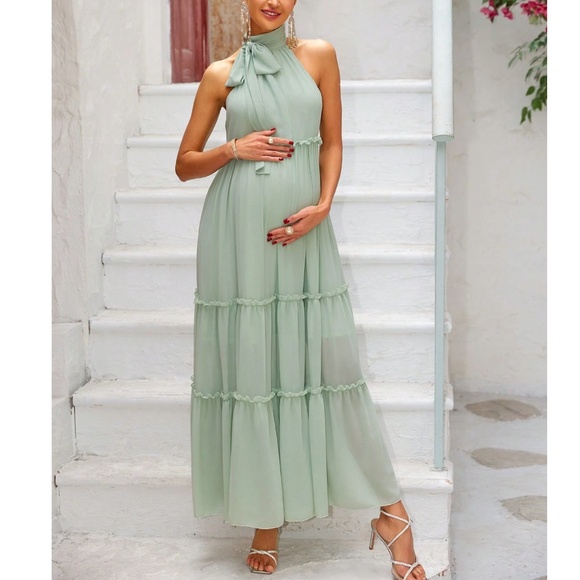 Maternity Mint Green Halter Neck Tie Layered maxi Dress - Picture 2 of 4